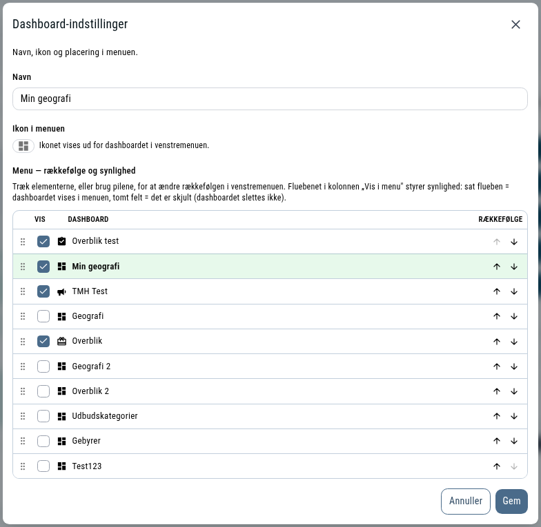 Dialogen Dashboard-indstillinger