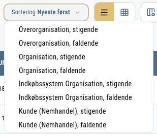 Sortering-menuen åben med de felter, der kan sorteres efter