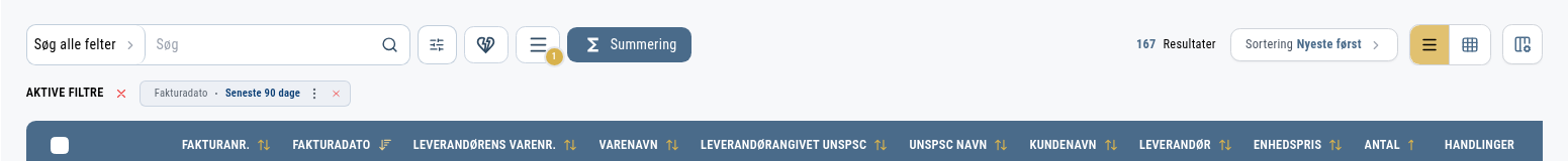 Søgelinjen med feltvælger, søgefelt og filterknap øverst i fakturalinjevisningen